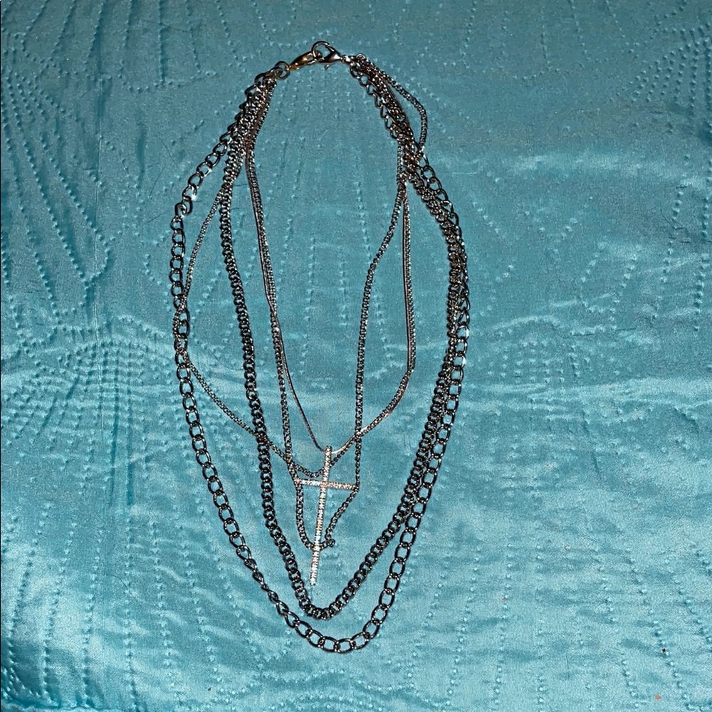 Layered Silver Cross Necklace